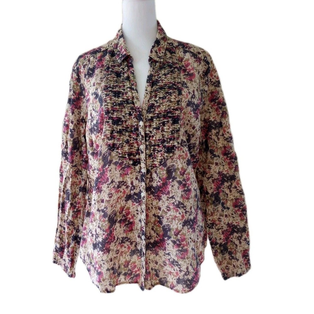 Eddie Bauer Button Up Shirt Womens XL Purple Floral 100% Cotton Pintuck